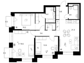 Планировка трехкомнатной(квартира) площадью 87.4 квадратных метров в ЖК “ЖК Середневский лес”
