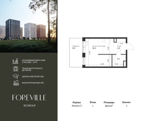 Планировка однокомнатной(квартира) площадью 28.4 квадратных метров в ЖК “ЖК Форевиль”