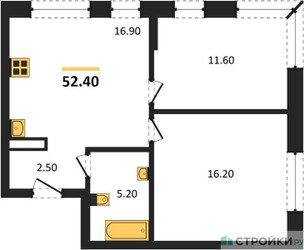 Планировка двухкомнатной(квартира) площадью 52.4 квадратных метров в ЖК “ЖК "Коллекция"”