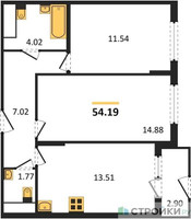 Планировка двухкомнатной(квартира) площадью 54.19 квадратных метров в “ЖК Светлый мир БиоПолис”