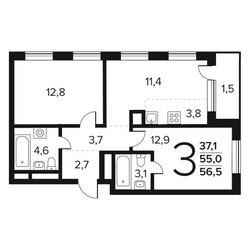 Планировка трехкомнатной(квартира) площадью 56.5 квадратных метров в ЖК “Новые Ватутинки. Заречный”