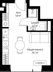Планировка студии(квартира) площадью 23.8 квадратных метров в ЖК “ЖК Веер”