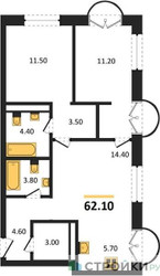 Планировка двухкомнатной(квартира) площадью 62.1 квадратных метров в ЖК “ЖК Новые смыслы”