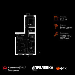 Планировка трехкомнатной(квартира) площадью 63.3 квадратных метров в ЖК “Апрелевка Клаб”