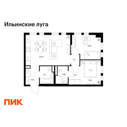 Планировка двухкомнатной(квартира) площадью 52.42 квадратных метров в ЖК “ЖК Ильинские луга”