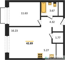 Планировка однокомнатной(квартира) площадью 42.89 квадратных метров в “ЖК Новоград Павлино”