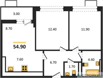 Планировка двухкомнатной(квартира) площадью 54.9 квадратных метров в ЖК “ЖК Скандинавия”