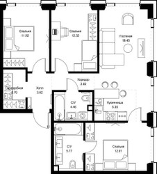 Планировка трехкомнатной(квартира) площадью 82.42 квадратных метров в ЖК “ЖК СЕТ”