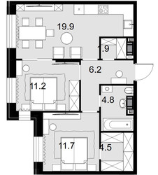 Планировка двухкомнатной(квартира) площадью 60.1 квадратных метров в ЖК “ЖК Театральный квартал”