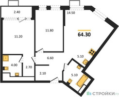 Планировка двухкомнатной(квартира) площадью 64.3 квадратных метров в “ЖК Дом на Зорге”