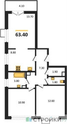 Планировка трехкомнатной(квартира) площадью 63.4 квадратных метров в ЖК “ЖК 1-й Южный (Первый Южный)”
