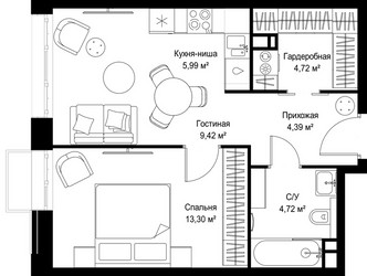 Планировка однокомнатной(квартира) площадью 42.54 квадратных метров в ЖК “Архитектурный проект Мыс”