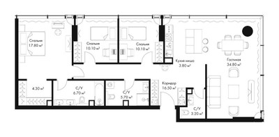 Планировка трехкомнатной(квартира) площадью 113 квадратных метров в ЖК “ЖК Слава”