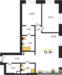 Планировка двухкомнатной(квартира) площадью 71.73 квадратных метров в ЖК “ЖК УЛЬТИМА Сити”