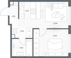 Планировка однокомнатной(квартира) площадью 42.3 квадратных метров в “ЖК TATE (Тэйт)”