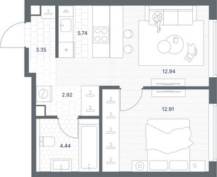 Планировка однокомнатной(квартира) площадью 42.3 квадратных метров в ЖК “ЖК TATE (Тэйт)”