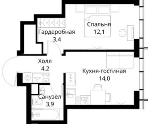 Планировка однокомнатной(квартира) площадью 37.6 квадратных метров в ЖК “ЖК Сити Бэй”