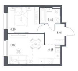 Планировка однокомнатной(квартира) площадью 37.52 квадратных метров в ЖК “ЖК Квартал Строгино”