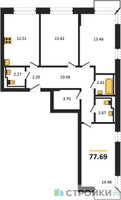 Планировка трехкомнатной(квартира) площадью 77.69 квадратных метров в “ЖК Квартал Марьино”