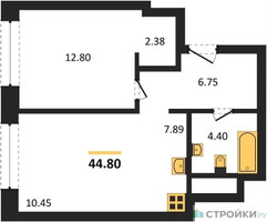 Планировка однокомнатной(квартира) площадью 44.8 квадратных метров в “ЖК Собрание клубных домов West Garden (Вест Гарден)”