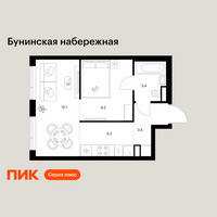 Планировка однокомнатной(квартира) площадью 33.4 квадратных метров в “Бунинская набережная”
