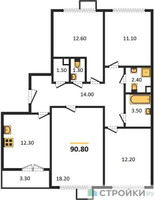 Планировка 4+ комнатной(квартира) площадью 90.8 квадратных метров в “ЖК 1-й Ленинградский (Первый Ленинградский)”
