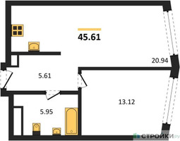 Планировка однокомнатной(квартира) площадью 45.61 квадратных метров в “UNO Горбунова”