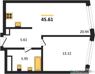 Планировка однокомнатной(квартира) площадью 45.61 квадратных метров в ЖК “UNO Горбунова”
