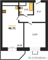 Планировка однокомнатной(квартира) площадью 46.71 квадратных метров в “ЖК Мечта”