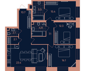 Планировка 4+ комнатной(квартира) площадью 99.5 квадратных метров в ЖК “Квартал Эра”