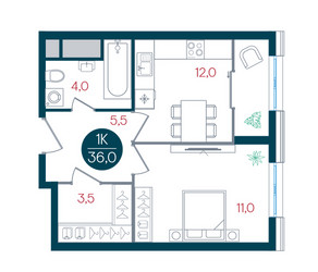 Планировка однокомнатной(квартира) площадью 36 квадратных метров в ЖК “ЖК РУСИЧ-Кантемировский”