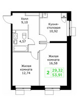 Планировка двухкомнатной(квартира) площадью 53.91 квадратных метров в “ЖК КИТ 2”
