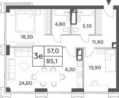 Планировка трехкомнатной(квартира) площадью 85.1 квадратных метров в “ЖК Will Towers (Вилл Тауэрс)”