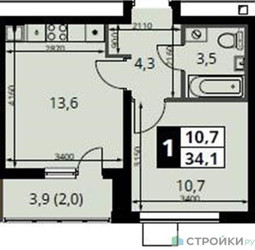 Планировка однокомнатной(квартира) площадью 34.1 квадратных метров в ЖК “ЖК 1-й Южный (Первый Южный)”