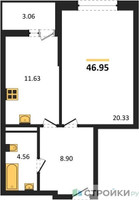 Планировка однокомнатной(квартира) площадью 46.95 квадратных метров в “ЖК Riga Hills (Рига Хиллс)”