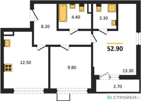 Планировка двухкомнатной(квартира) площадью 52.9 квадратных метров в “ЖК Деснаречье”
