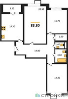 Планировка трехкомнатной(квартира) площадью 83.8 квадратных метров в “ЖК 1-й Ленинградский (Первый Ленинградский)”