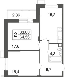 Планировка двухкомнатной(квартира) площадью 64.6 квадратных метров в ЖК “ЖК Времена года”