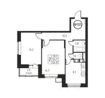 Планировка двухкомнатной(квартира) площадью 56.1 квадратных метров в “ЖК Космос”