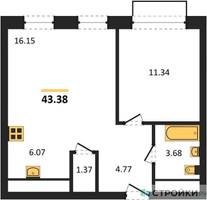 Планировка однокомнатной(квартира) площадью 43.38 квадратных метров в “ЖК Новоград Павлино”