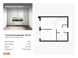 Планировка однокомнатной(квартира) площадью 32.3 квадратных метров в “ЖК Томилинский бульвар”
