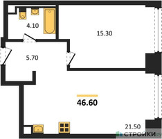 Планировка однокомнатной(квартира) площадью 46.6 квадратных метров в “ЖК Нагатино Ай-Лэнд”