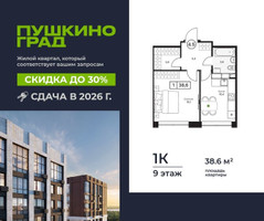 Планировка однокомнатной(квартира) площадью 38.6 квадратных метров в “ЖК Пушкино Град”