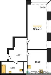Планировка однокомнатной(апартаменты) площадью 43.2 квадратных метров в ЖК “ЖК Мираполис”