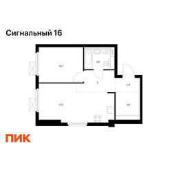 Планировка однокомнатной(квартира) площадью 42.8 квадратных метров в ЖК “ЖК Сигнальный 16”
