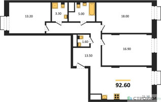 Планировка трехкомнатной(квартира) площадью 92.6 квадратных метров в “ЖК Резиденции Сколково”
