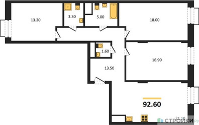 Планировка трехкомнатной(квартира) площадью 92.6 квадратных метров в ЖК “ЖК Резиденции Сколково”
