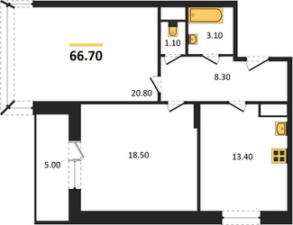 Планировка двухкомнатной(квартира) площадью 66.7 квадратных метров в ЖК “ЖК Эдельвейс (Первомайское)”