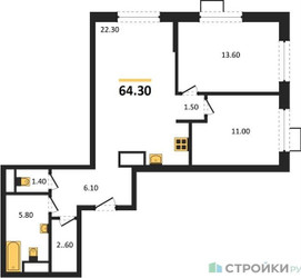 Планировка двухкомнатной(квартира) площадью 64.3 квадратных метров в ЖК “ЖК Foreville (Форевилль)”