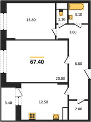 Планировка двухкомнатной(квартира) площадью 67.4 квадратных метров в ЖК “ЖК Эдельвейс (Первомайское)”